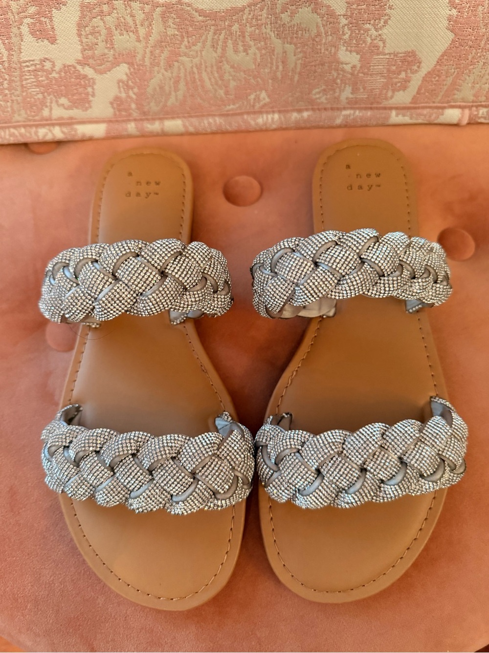 A New Day Silver Braided Rhinestone Slide Sandals for Women